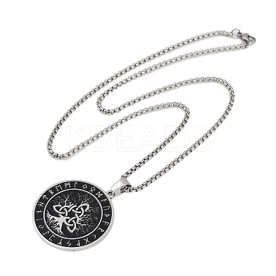 201 Stainless Steel Black Enamel Rune Tree of Life Pendant Necklaces for Men NJEW-K283-27P-1
