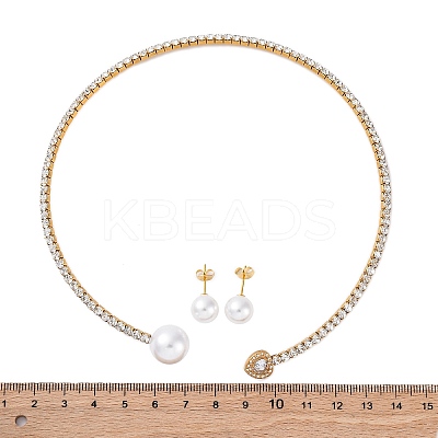 Round Plastic Imitation Pearl Stud Earrings & Cubic Zirconia and Rhinestone Heart Cuff Choker Necklaces Sets SJEW-U003-01G-1
