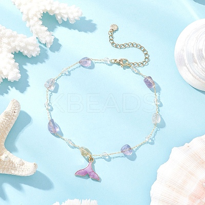 Brass Handmade Natural Amethyst Nuggets Link Chain Alloy Enamel Whale Tail Pendant Anklets for Women AJEW-AN00709-03-1