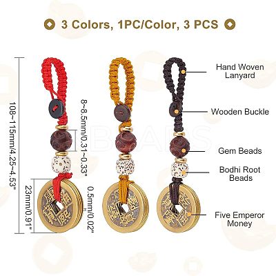 3Pcs 3 Style Brass Lucky Coins Five Emperor Money Feng Shui Coins Pendant AJEW-FH0002-29-1