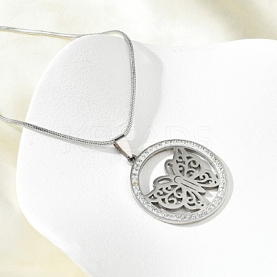 201 Stainless Steel Crystal Rhinestone Ring with Hollow Butterfly Pendant Necklaces for Women NJEW-P327-01P-1