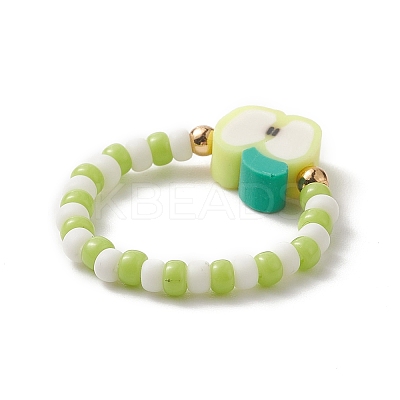 6Pcs 6 Style Strawberry & Watermelon & Kiwi & Apple & Lemon Polymer Clay & Glass Seed Stretch Rings Set RJEW-TA00070-1