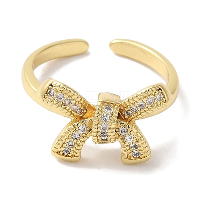 Bowknot Brass Micro Pave Clear Cubic Zirconia Open Cuff Rings for Women RJEW-C098-08G-1