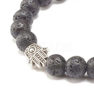 Natural Lava Rock Round Beaded Stretch Bracelet with Hamsa Hand BJEW-JB07693-1
