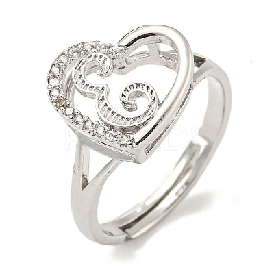 Heart with Letter Rack Plating Brass Micro Pave Cubic Zirconia Adjustable Rings for Women RJEW-I105-06P-E-1