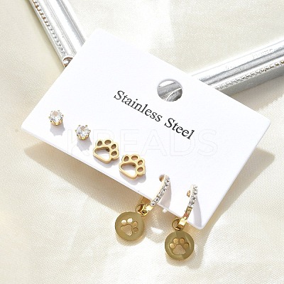 304 Stainless Steel Rhinestone Paw Print Earring Sets EJEW-Z098-24G-1