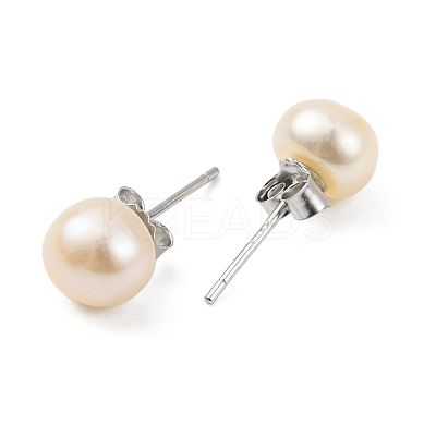 Natural Pearl Round Bead Stud Earrings EJEW-E298-01C-02P-1
