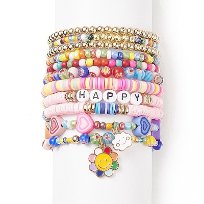 11Pcs 10 Style Synthetic Turquoise(Dyed) & Hematite & Millefiori Glass Stretch Bracelets Set with Word Happy Beaded BJEW-JB08832-1