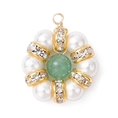 4Pcs 4 Styles Natural Green Aventurine & Tiger Eye & Carnelian & Amethyst & Shell Pearl Round Beaded Flower Pendants PALLOY-TA00300-01-1