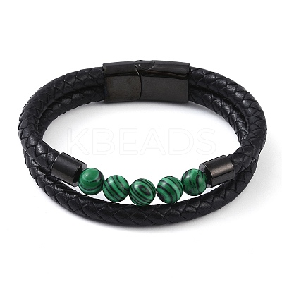 Mixed Stone Round Bead Leather Cord Multi-strand Bracelets BJEW-A009-10EB-1