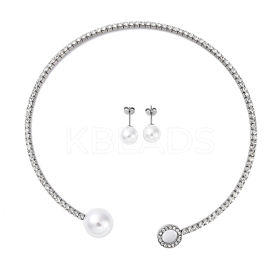 Round Plastic Imitation Pearl Stud Earrings & Cubic Zirconia Rhinestone Cuff Choker Necklaces Sets SJEW-U003-05P-1
