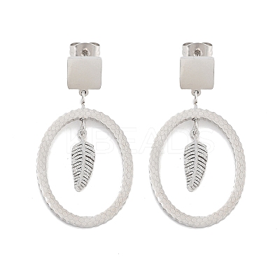 Tarnish Resistant Oval with Leaf 304 Stainless Steel Dangle Earrings EJEW-L283-108P-1