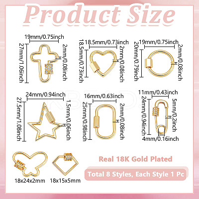 8Pcs 8 Styles Brass Micro Pave Cubic Zirconia Screw Carabiner Lock Charms KK-GA0002-01-1