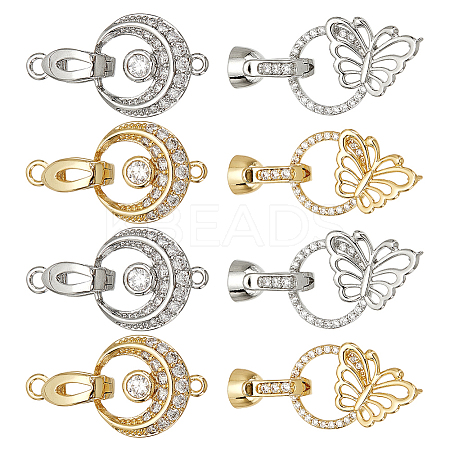 8Pcs 4 Styles Flat Round & Butterfly Brass Clear Cubic Zirconia Fold Over Clasps KK-DC0001-64-1