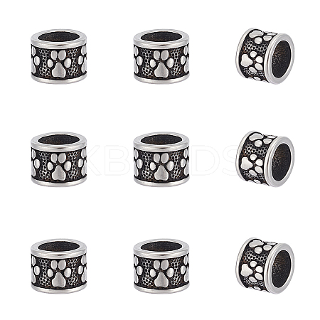 10Pcs Column with Paw Print 304 Stainless Steel European Beads STAS-UN0060-10-1