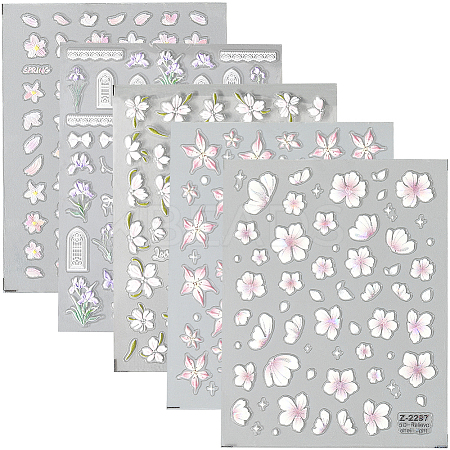5Pcs 5 Styles Flower Pattern Self Adhesive PET Nail Art Stickers Decals MRMJ-SP0001-24-1