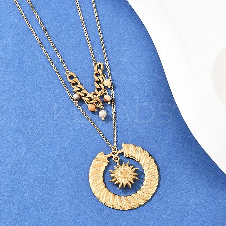 304 Stainless Steel Sun and Round Natural Crazy Agate Pendant Double Layer for Women NJEW-K252-13G-1
