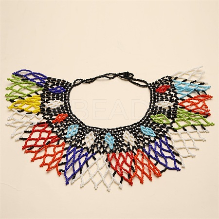 Ethnic Style Glass Seed Beaded Tassel Collar Choker Necklaces for Women FS-WGA40E8-02-1