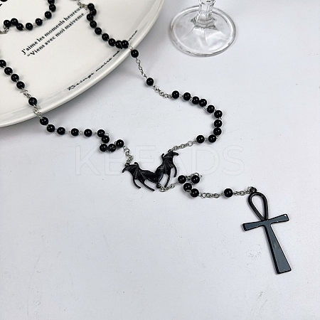 Alloy and Iron Ankh Cross Heart with Bat Wings Pendant Black Round Acrylic Rosary Bead Necklaces NJEW-D335-01BP-1