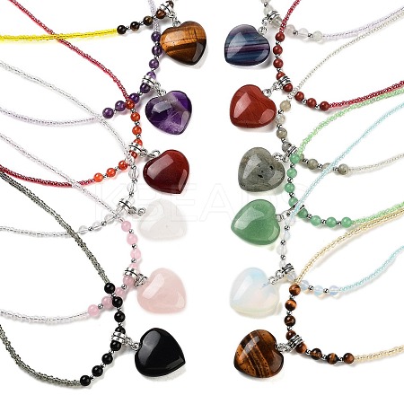 Natural & Synthetic Mixed Gemstone Heart Pendant Necklaces NJEW-G143-02-1