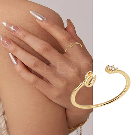 1Pc Letter Brass Rhinestone Open Cuff Rings for Women AJEW-LP0004-47E-G-1