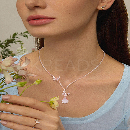 1Pc Butterfly & Teardrop Pendant Necklaces NJEW-LP0003-18RG-1