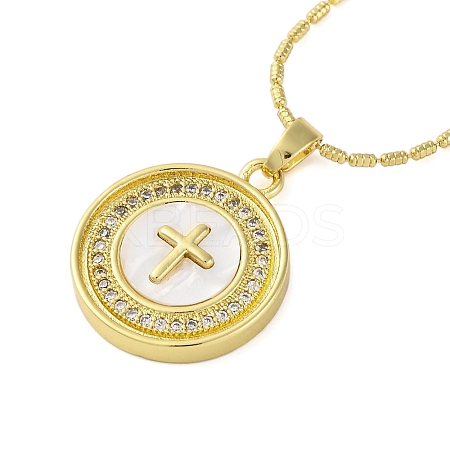 Brass Cubic Zirconia Flat Round Cross Pendant Necklaces NJEW-R100-02G-1