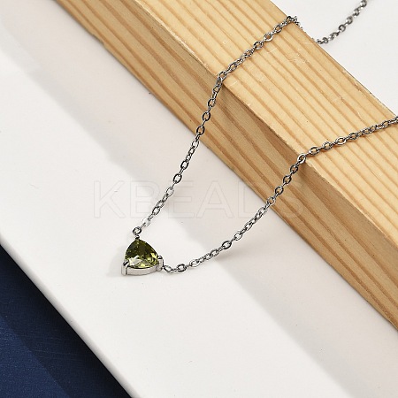 304 Stainless Steel Olive Cubic Zirconia Triangle Pendant Necklaces for Women NJEW-Z064-01P-1