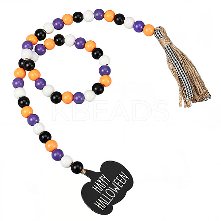Round Wooden Beaded Halloween Decoration AJEW-WH20019-61-1