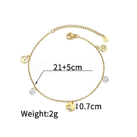 Bohemian Style 304 Stainless Steel Whale Tail Flower and Flat Round Cubic Zirconia Charm Anklets FS-WGDB107-03-1