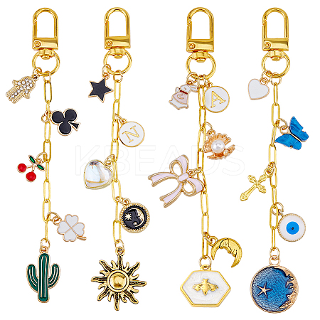 4Pcs 4 Styles Cactus Bowknot Sun Butterfly Charm Brass Paperclip Chains Bag Extender Chains HJEW-HS00069-1