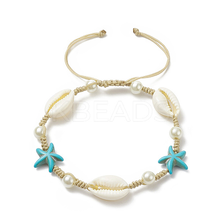 Synthetic Turquoise(Dyed) Starfish & Natural Shell & Glass Pearl Braided Bead Bracelet BJEW-TA00218-1