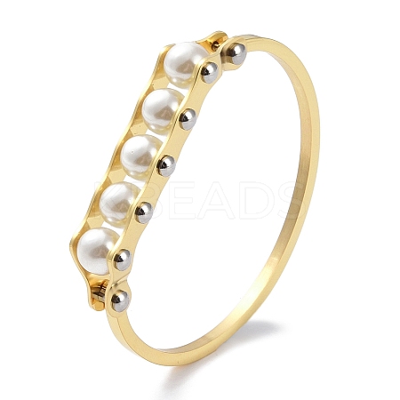 PVD Vacuum Plating 304 Stainless Steel White Round Plastic Beaded Bangles BJEW-G700-09G-1