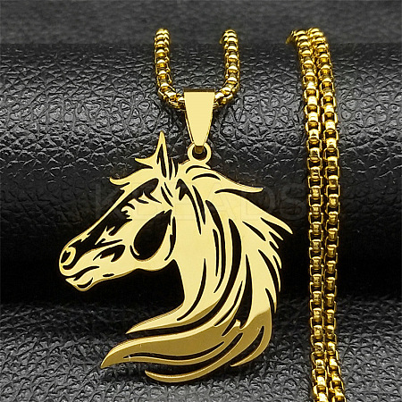 Horse Head 201 Stainless Steel Pendant Necklaces for Men Women NJEW-K283-14G-1