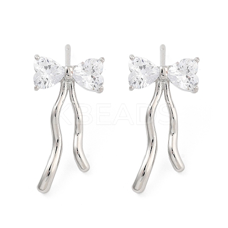 Bowknot Brass Pave Clear Cubic Zirconia Stud Earrings for Women EJEW-S216-02B-P-1