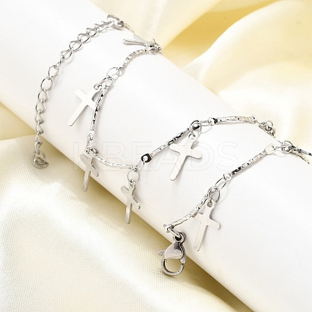304 Stainless Steel Textured Link Bar Cross Charm Tassel Necklaces NJEW-R023-01P-1