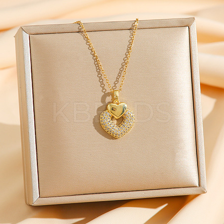 Brass Micro Pave Clear Cubic Zirconia Heart Pendant Necklaces NJEW-K280-07G-1