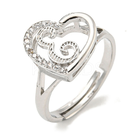 Heart with Letter Rack Plating Brass Micro Pave Cubic Zirconia Adjustable Rings for Women RJEW-I105-06P-E-1