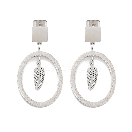 Tarnish Resistant Oval with Leaf 304 Stainless Steel Dangle Earrings EJEW-L283-108P-1