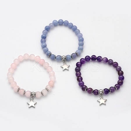 Natural Mixed Stone Beaded Star Charm Stretch Bracelets BJEW-JB01981-1