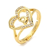 Heart with Letter Rack Plating Brass Micro Pave Clear Cubic Zirconia Adjustable Rings for Women RJEW-I105-01G-D-1