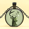 Christmas Reindeer/Stag Pattern Flat Round Glass Pendant Necklaces NJEW-N0051-034E-03-1