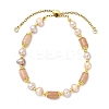 Adjustable Natural Sunstone & Cultured Freshwater Pearls Beads  Slider Bracelets for Women BJEW-JB14030-02-4