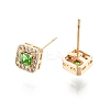 Green Glass Square Stud Earrings with Cubic Zirconia EJEW-G321-08G-2