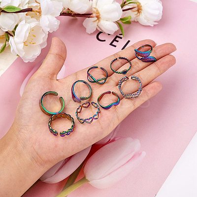 9Pcs 9 Style 304 Stainless Steel Hand & Infinite & Heart & Moon Cuff Rings RJEW-SZ0001-19-1