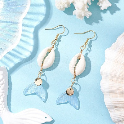 Natural Cowrie Shell Glass Dangle Earrings EJEW-JE06385-03-1