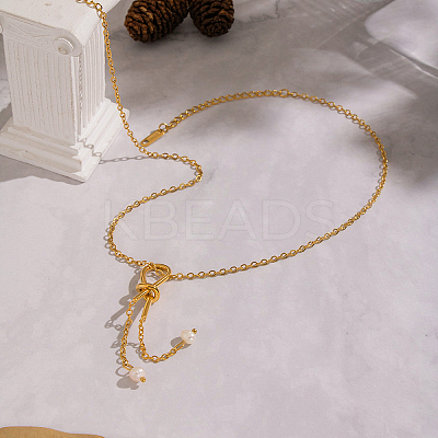 Minimalist Stainless Steel and Water Drop Natural Freshwater Pearl Knot Tassel Pendant Necklaces for Women DX0351-1-1