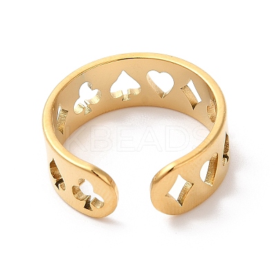 Spade & Club & Heart & Diamond Ion Plating(IP) 304 Stainless Steel Open Cuff Ring for Women RJEW-K245-47G-1