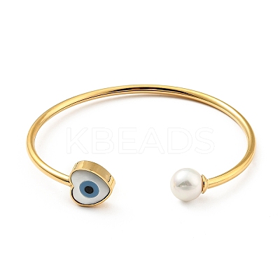 Shell Pearl & Heart with Evil Eye Open Cuff Bangle LS-BJEW-G647-03G-1
