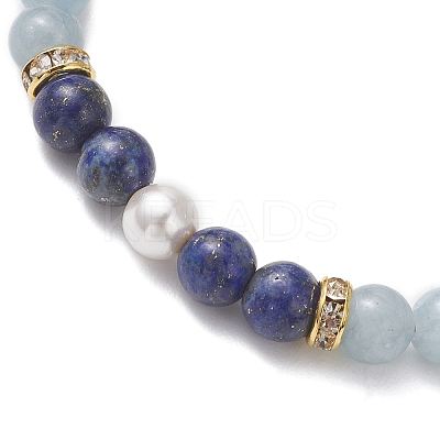 Natural Lapis Lazuli & Dyed Natural Quartz Imitation Aquamarine & Shell Pearl Round Beaded Braided Bead Bracelets BJEW-JB13392-03-1